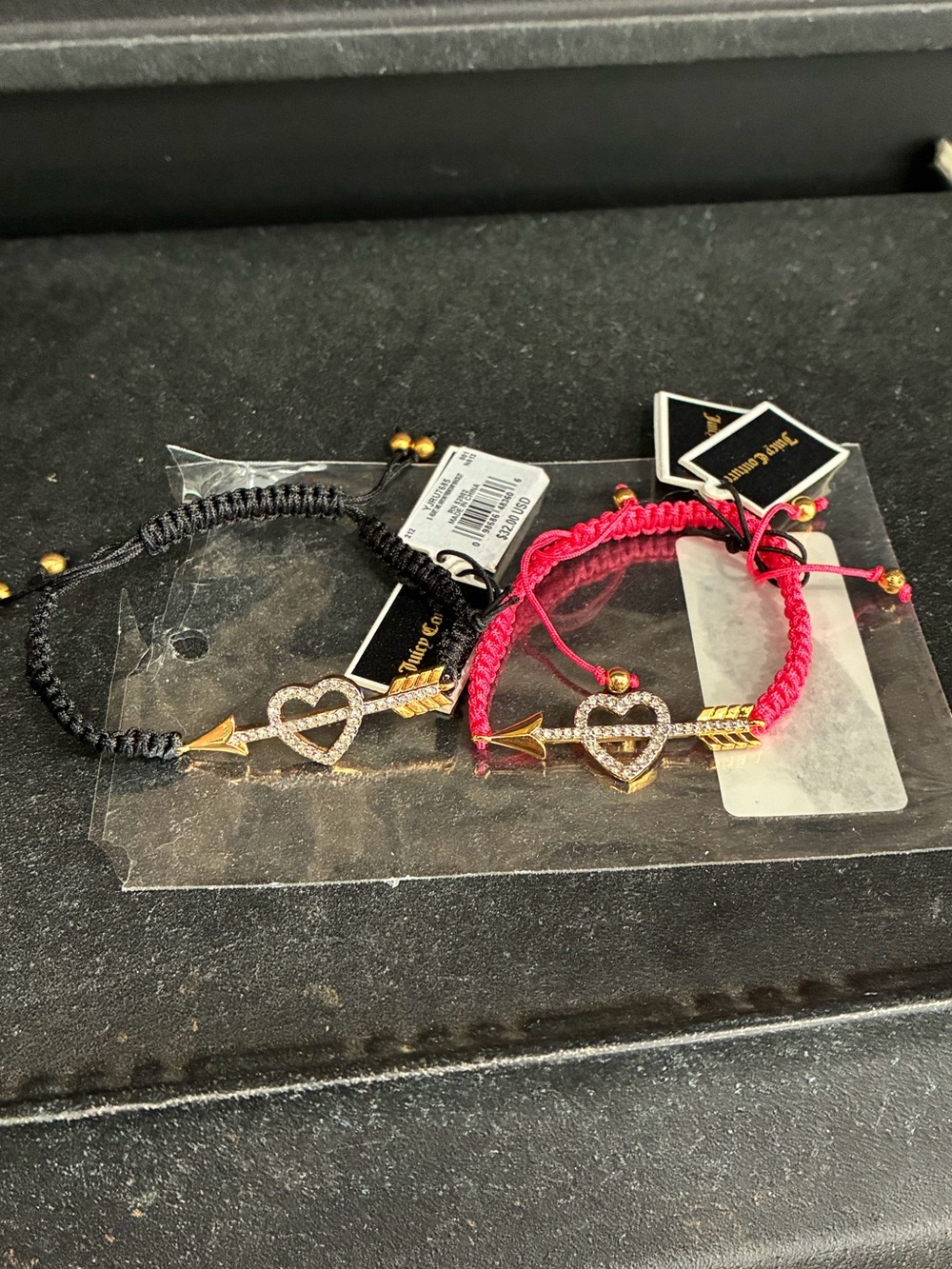 Juicy Couture B-Heart & Arrow Corded Friendship Bracelets Pink & Black Lot Of 2